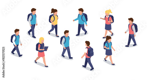 Isometric school kids walking with backpacks on white background