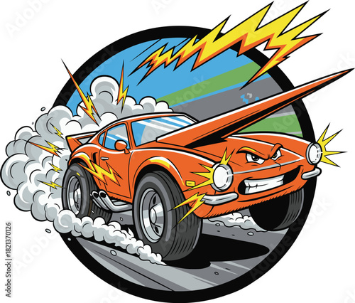 Cartoon muscle car speeding fiercely with a menacing expression showing its raw power on the road
