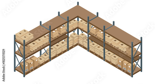 Isometric warehouse shelving with cardboard boxes on metal racks
