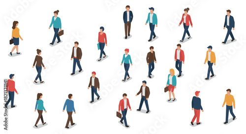 Diverse group of business people walking in various directions isometric style