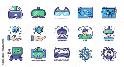 Collection of modern virtual reality and augmented reality technology icons.