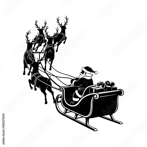 Silhouette of Santa Claus with a sleigh pulled by reindeer