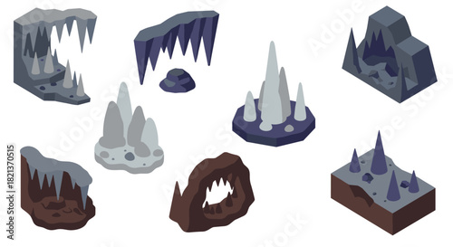 Isometric cave elements: stalagmites, stalactites, and unique rock formations
