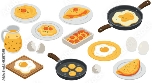 Delicious breakfast dishes with eggs: isometric omelets, pancakes, and more