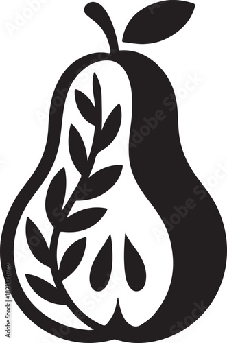 Stylized black and white illustration of a pear with a leafy branch inside