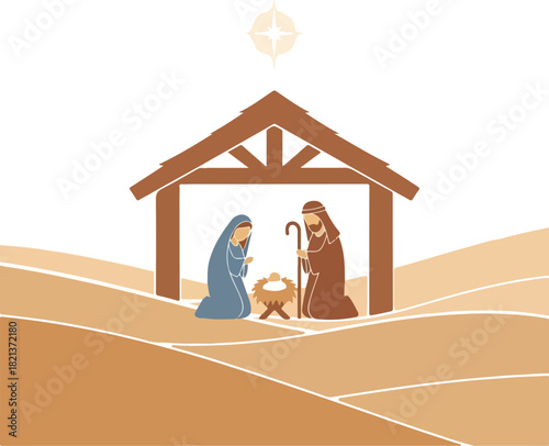 The Holy Family in the Manger: A tender scene depicts Mary, Joseph, and the newborn Christ child in a humble manger, illuminated by a guiding star.
