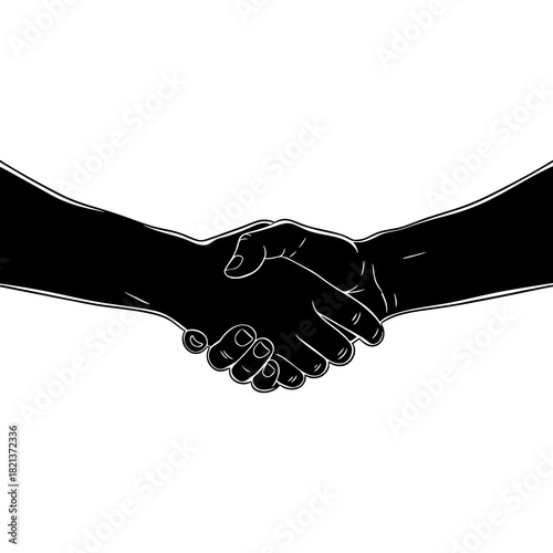Silhouette of two hands shaking with a white background