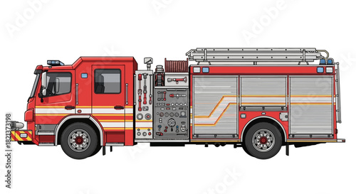 Detailed illustration of a red and silver fire engine, showcasing its equipment and design against a white background.