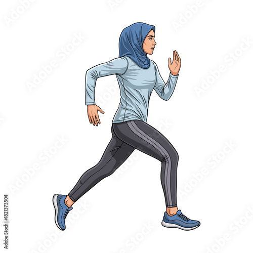 A woman wearing a hijab is jogging