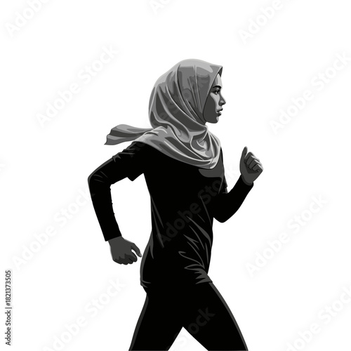 A woman wearing a hijab is jogging