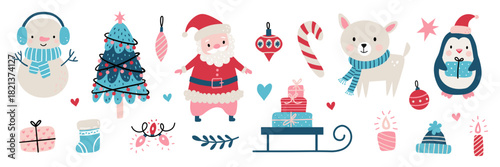 A cute Christmas illustration set featuring Santa, a snowman, a penguin, a reindeer, gifts, candles, ornaments, and festive elements. Playful winter clipart for holiday cards and decorations.