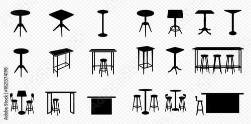 A collection of black silhouette icons depicting various bar tables, high tables, and bar stools in different designs, suitable for graphic resources.