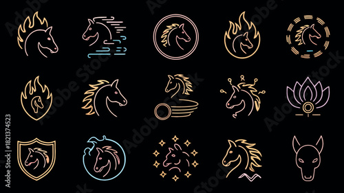 Chinese Zodiac Year of the Horse Line Art Icons with Flames, Shields, and Mystical Elements