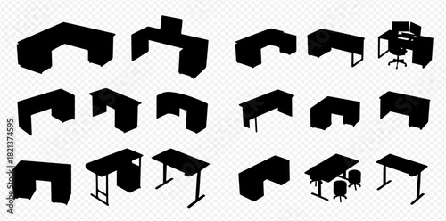 Collection of black silhouettes depicting various office desks and furniture configurations.
