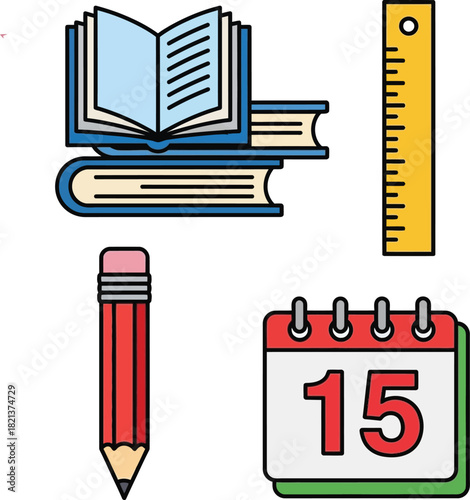 Educational tools including books, ruler, pencil, and calendar isolated on white background