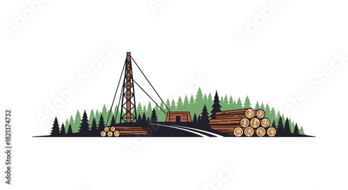 Logging site with stacked timber and trees in a forest environment  