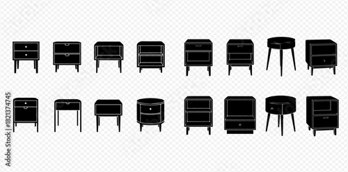 A comprehensive collection of black silhouette icons depicting various designs of bedside tables and nightstands, showcasing different drawer and shelf configurations.