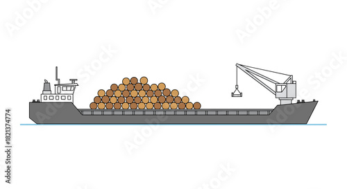 Cargo ship transporting logs with crane on white background  