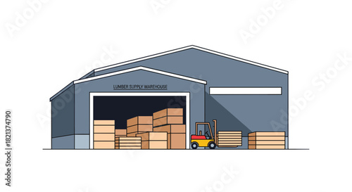 Warehouse exterior with stacked wooden pallets and forklift  