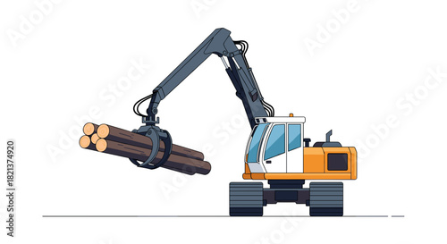 Logging machine lifting timber logs with hydraulic arm  