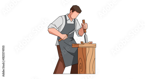 Carpenter shaping wood with chisel at workshop table  