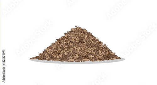 Pile of brown wood shavings on white background  