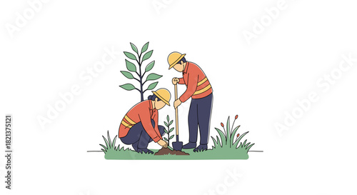 Two workers planting a tree in a garden with green grass  