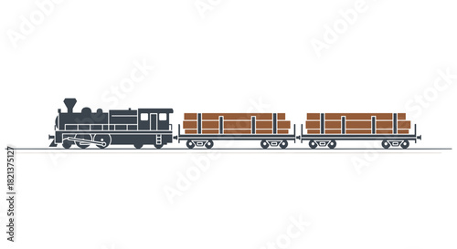 Vintage steam locomotive transporting wooden logs on track  