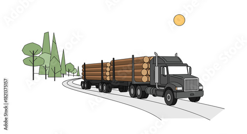 Logging truck transporting wooden logs on curved road with trees  