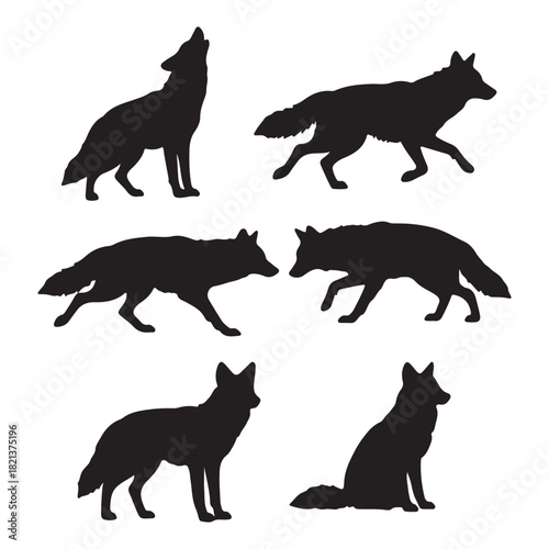 Black Wolf Silhouettes in Dynamic and Static Poses