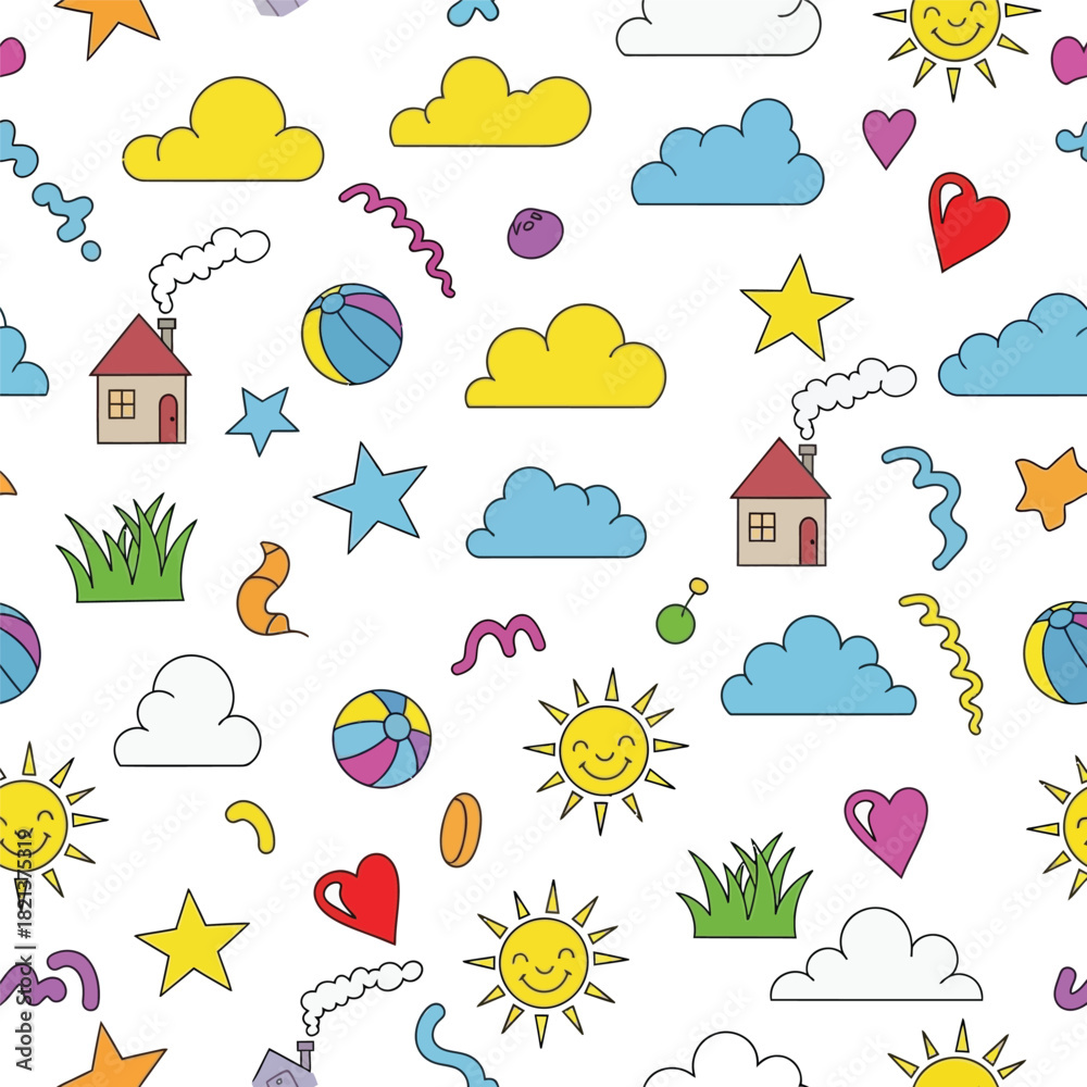 Obraz premium Colorful cartoon elements seamless pattern, isolated on white background