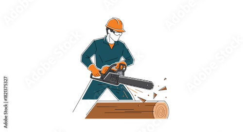 Man using chainsaw to cut log in protective gear  