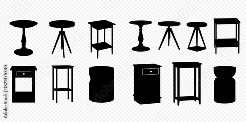 A collection of black silhouette illustrations of various small tables and nightstands, including round, square, and cylindrical designs for home decor.
