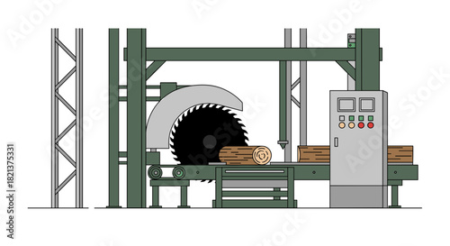 Lumber cutting saw machine with logs on conveyor system  