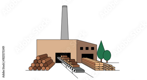 Lumber factory illustration with stacked logs and chimney  