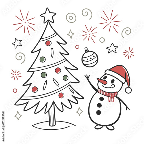 Cute line doodle Merry Christmas and Happy New year simple hand drawn icons set. Xmas bubble, snowman, stars, sparks, glitter, confetti. Festive background