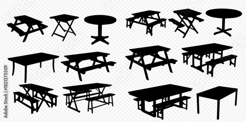Collection of various table silhouettes, including picnic tables, folding tables, and round dining tables, in black vector style.