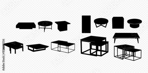 Collection of black silhouette coffee tables and side tables in various shapes and modern designs.