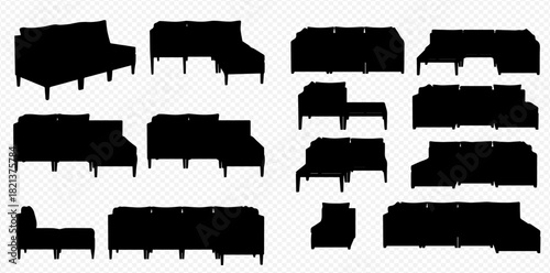 Collection of black sofa and couch silhouettes showing different seating arrangements and furniture styles.