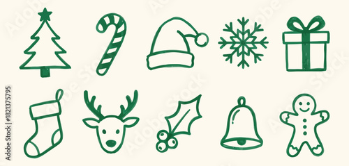 Minimalist Green Christmas Icons Set - Hand-Drawn Holiday Doodles.