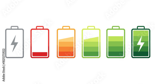 Battery charge level indicators showing progress from empty to full power