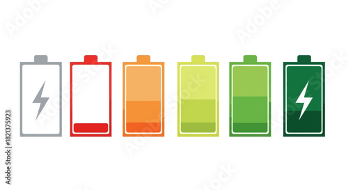 Battery charge level indicators showing energy status and power depletion