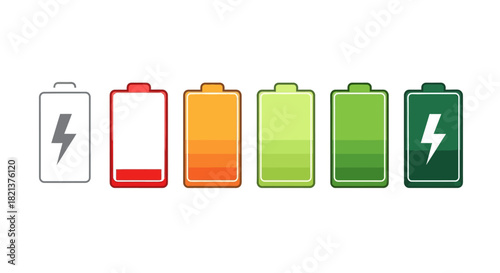 Battery charge level indicators showing different stages of power capacity on white