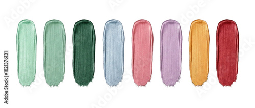 Row of metallic colorful liquid cosmetic strokes. cutout on transparent background.