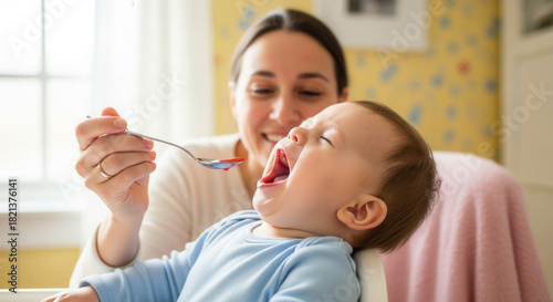Parent offering medicine to baby in bright home interior, childcare and family health