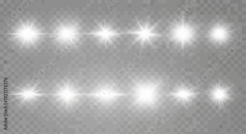 Collection of sparkling lens flares and light effects on transparent background