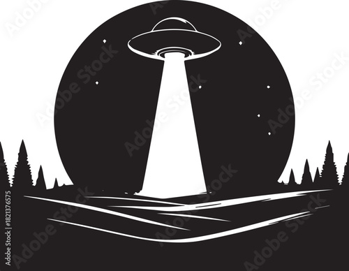 Mysterious of a flying saucer with beam in black and white. Vector illustration