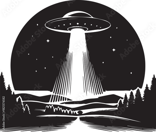 Mysterious of a flying saucer with beam in black and white. Vector illustration