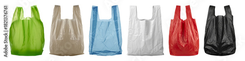 Six colorful plastic bags grocery shopping bags. cutout on transparent background.