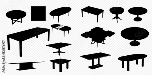 A diverse collection of black silhouette icons depicting various table shapes and designs, including round, oval, rectangular, and square forms.
